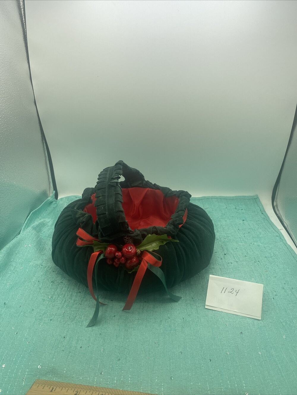Green Crushed Velvet Christmas Basket With Red Satin Inside Ribbon/Berries 6” T